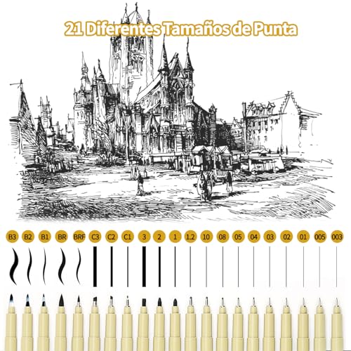 Estilografos, 21 Piezas Plumas de Dibujo Negro, Plumas de Caligrafía Arte Punta Fino con 0.15-3MM de Delineador Fino, Rotuladores Punta Fina, Adecuado para Dibujos Finos, Cómics, Diseño Arquitectónico