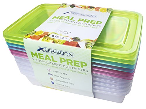 Meal Prep Containers 6-Pack 2-Compartment Bento Lunch Box Food Storage Containers with Lids – 6 Bonus Forks - Reusable BPA Free, Portion Controlled Divided - Microwave, Freezer, Dishwasher Safe