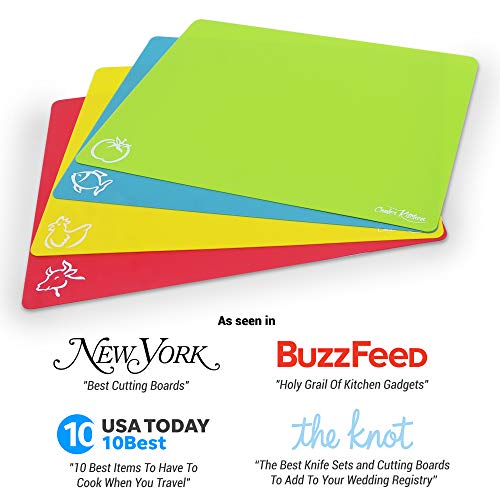 Extra Thick Flexible Plastic Cutting Board Mats with Food Icons & EZ-Grip Waffle Back, (Set of 4) - Textured Waffle Grip Bottom Prevents Slipping On Most Counter Tops - Prevents Cross Contamination