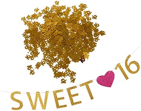 Sharplace Sweet 16 Love Heart 16th Birthday Hanging Garland Banner Party Photo Props Table Confetti Sprinkles Decoration