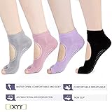 Toeless CXYY 4 Pairs Cotton Yoga Half Toe Socks with Non Slip Grips Pilates Socks, Barre, Breathable comfortable Stretchable (Black Purple Pink Gray)