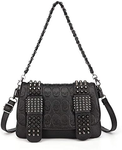 Chikencall Womens Punk Skull Print Crossbody Bag PU Leather Gothic Skull Shoulder Bag Purse with Chain