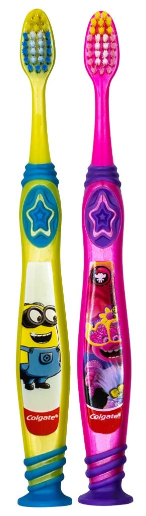 Colgate Kids Minions & Trolls Toothbrush Set with Suction Cup, Children Ages 5+ Extra Soft (Colors Vary) - Pack of 2