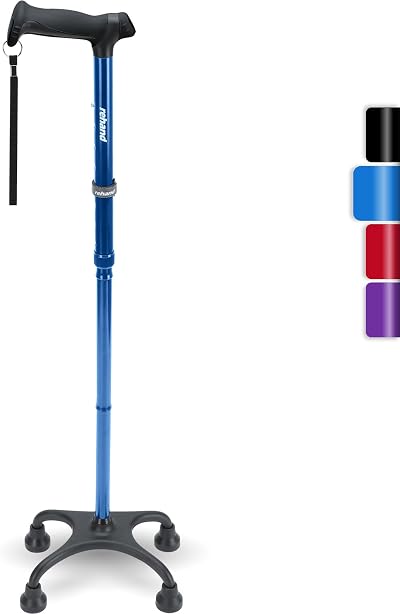 rehand Quad Cane Walking Cane with Ergonomic Handle Blue 4-Pronged Base