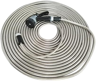 Metal Garden Hose (75 ft) With Free 8 Pattern Nozzle Light Weight Stainless Steel Strong Durable Never Kink Flexible
