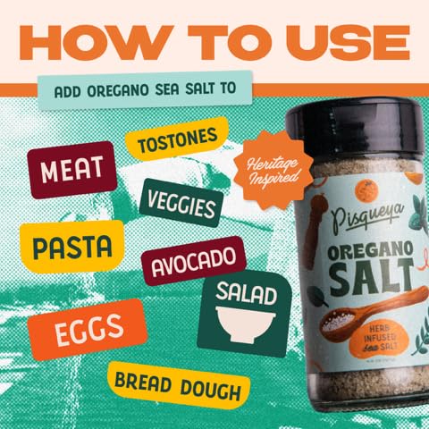 PISQUEYA SEASONING, OREGANO SALT, MADE WITH DOMINICAN OREGANO AND SEA SALT. LOW SODIUM, NO SUGAR, NO-MSG, NON-GMO, NO PRESERVATIVES, NO ARTIFICIAL COLORING, NO ARTIFICIAL FLAVORS, 2.5OZ, PACK OF 1