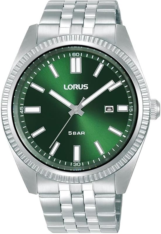 Relógio analógico masculino de quartzo lorus com pulseira de aço inoxidável, prata/verde
