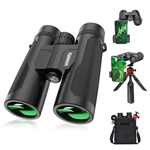 Powerful Adult Binoculars, Kylietech 12x42 Compact Binoculars with Tripod, Waterproof Binoculars with BAK-4 Prisms, FMC Lens, Phone Adapter for Photography, Stargazing