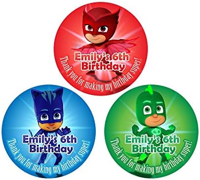 Set Personalized PJ Masks Birthday Party Stickers for Gift Bag Party Favor Catboy Owlette Gekko (1.35" - 35 Stickers)