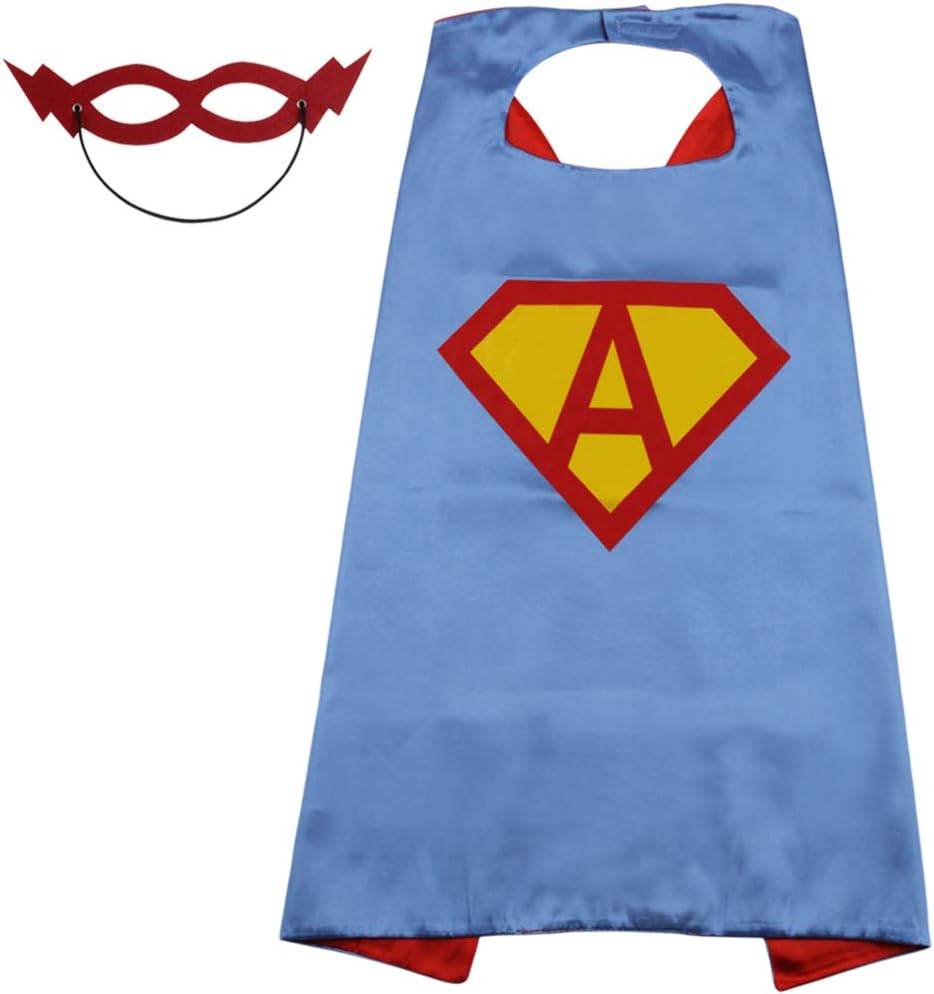 Initial Name Kids Superhero Cape with Mask,Blue & Red Capes,23 Letter Choice