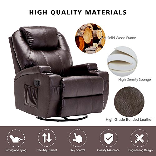 Windaze Manual Recliner Rocker Chair, 360 Degree Swivel Heated Recliner Bonded Leather Sofa Chair with Motors Massage,Brown