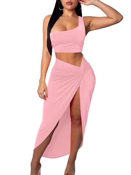 BEAGIMEG WOMEN’S SEXY ONE SHOULDER LONG BODYCON SLIT SKIRT 2 PIECES DRESS PINK