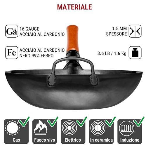 YOSUKATA Professional Wok Frying Pan 34 cm – Traditional Carbon Steel Wok, Original Chinese Preconditioned Flat Bottom – Suitable for Gas, Induction, Electric and Open Fire (Black)