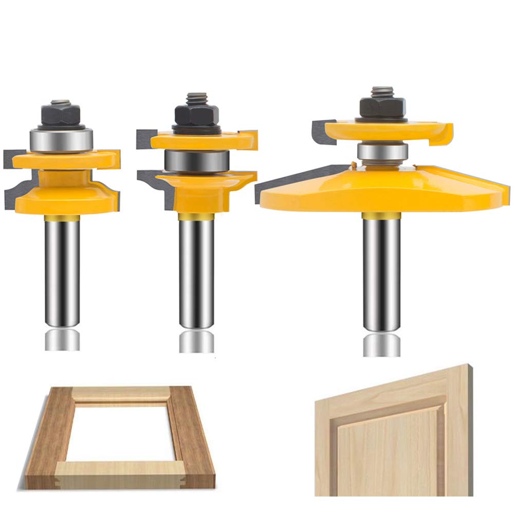 LEATBUY 1/2-Inch Shank Router Bit Set 3 PCS, Round Over Raised Panel Cabinet Door Ogee Rail and Stile Router Bits, Woodworking Wood Cutter, Wood Carbide Groove Tongue Milling Tool(RD-3)