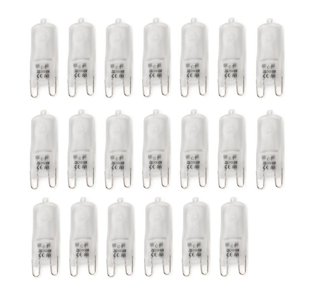 ShuoHui Pack of 20 HaloPin Halogen Socket Bulbs, G9 Base, Dimmable, 40 Watt, Replacement for 40 Watt, 35° Beam Angle, Warm White - 2700 K Frosted
