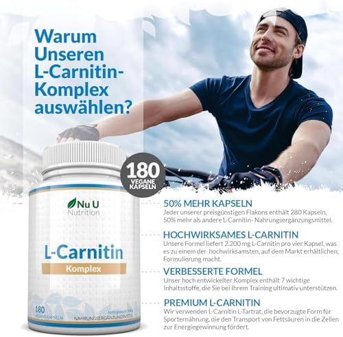 L-Carnitin Komplex 2.200mg Hochdosiert - 180 Vegane Kapseln - Mit Riboflavin, Biotin, Chrom, Vitamin D, B3 & B6 - L-Carnitin-Tartrat-Ergänzung - Nu U Nutrition