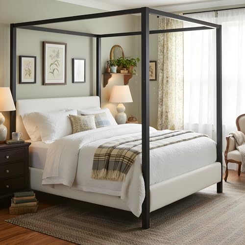 LUMISOL Queen Size Metal Canopy Bed with Upholstered Headboard, Modern Black Four