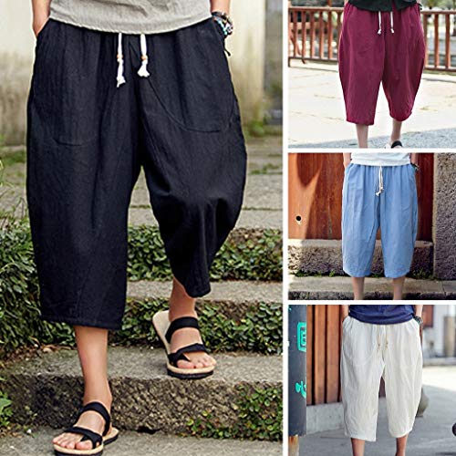 Photno Men's Harem Pants Casual Baggy Cotton Linen Jogger Sports Wide Leg Capri Pant Plus Size - Thumbnail 6