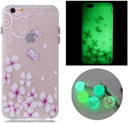 iPhone 6/6s Case, Bernect Luminous Transparent Glow In The Dark Ultra Thin Fluorescence Pattern Soft TPU Flexible Case for iPhone 6/6s (4.7inch) +2pcs Luminous Dustplug-Butterfly Flower