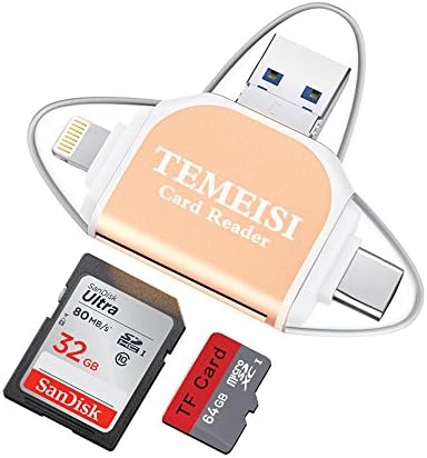 TEMEISI SD Card Reader, USB 3.0 Micro SD Card Reader Type-c Card Adapter Viewer Compatible with iPhone iPad Android Mac - with Lightning Micro USB Type C (Gold)