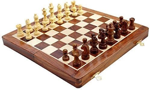 kimaro Chess Set - Wooden MAGNETIC Travel Chess Set with Staunton Pieces and Folding Game Board 10" Inch - Handmade By Artisans in India