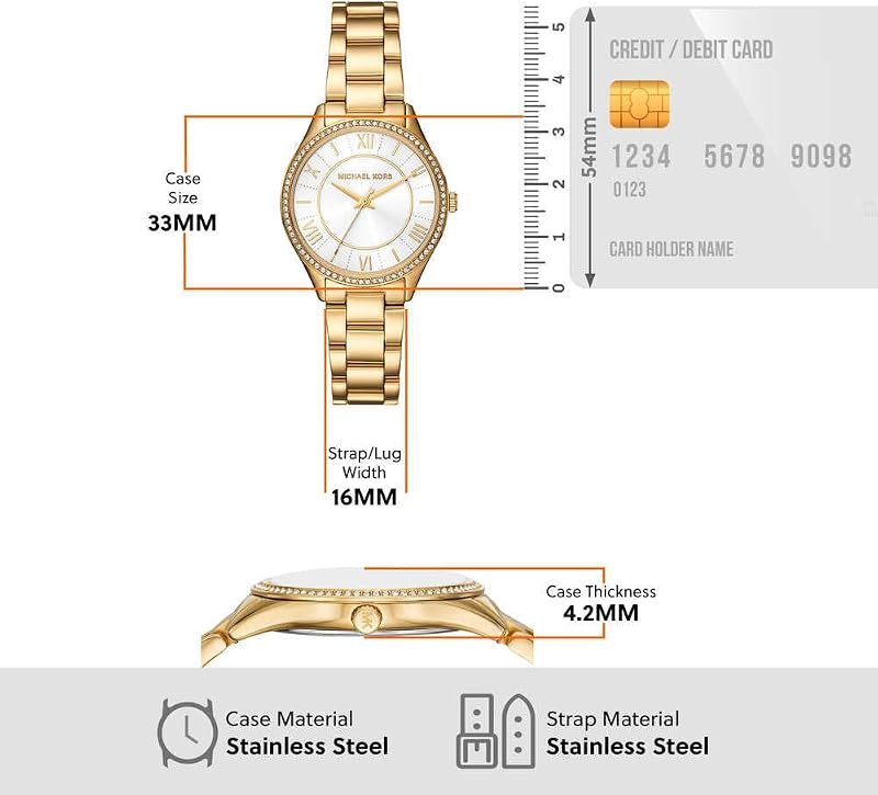 Reloj Lauryn para Mujer, Movimiento de Cuarzo de Tres Agujas con Correa de Acero Inoxidable o Piel, 33 mm, Juego de Tonos Dorados