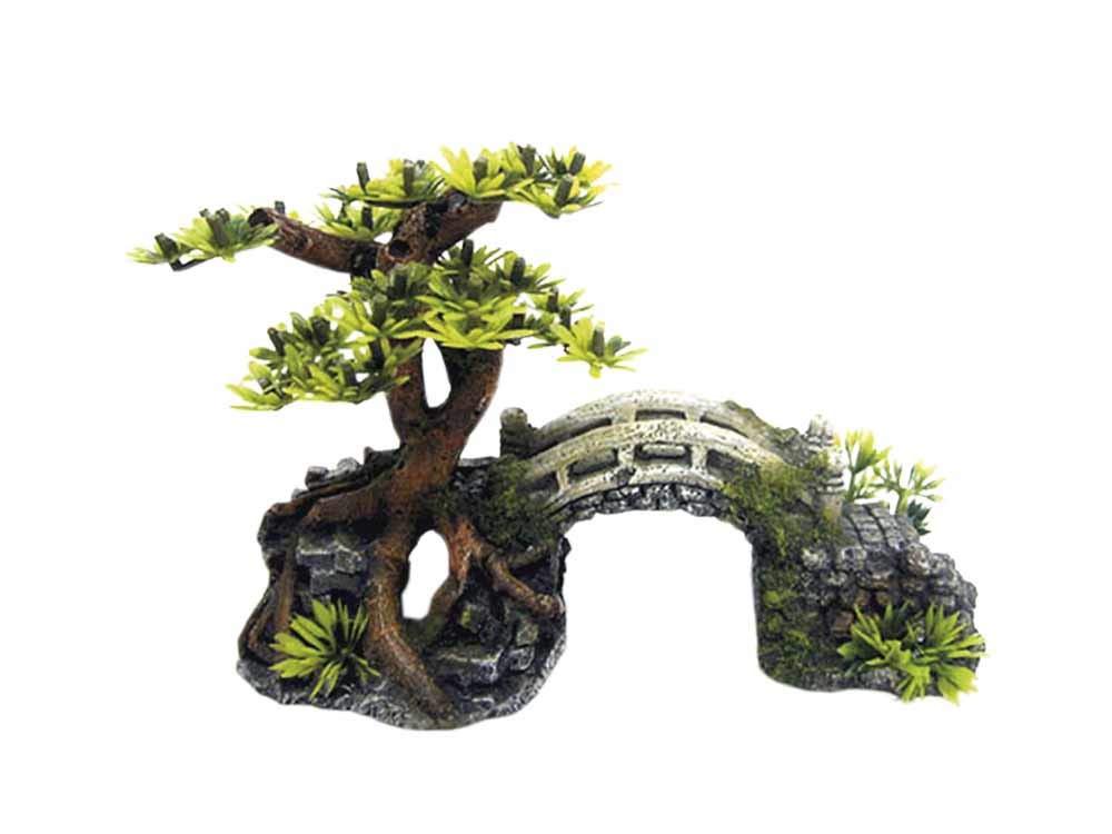 Nobby Aqua Ornaments 28621 "Bridge with Bonsai with Plants 20.3 x 9.0 x 14.0 cm