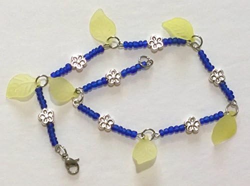 Frosted Blue Seed Beeds And Frosted Acrylic Yellow Leaves Anklet