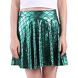 HDE Womens Shiny Mermaid Fish Scale Mini Flared Pleated Skater Skirt