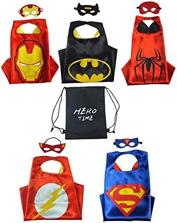 Merchant Medley Hero Time Comic Superhero Capes and Masks Bundle For Children - Set of 5 - Includes Drawstring Bag For Easy Storage - 100% Polyester!
