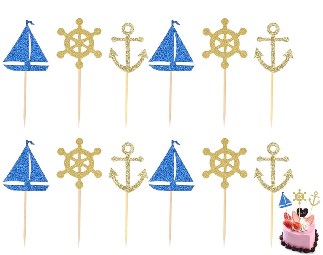 Toyvian Sailing Boat Anchor Cake Toppers, 24pcs Sailing Theme Cake Picks Cupcake Decor - Nautical Party Decorations Cupcake Picks for Sea Theme Wedding Birthday Baby Shower Party Supplies