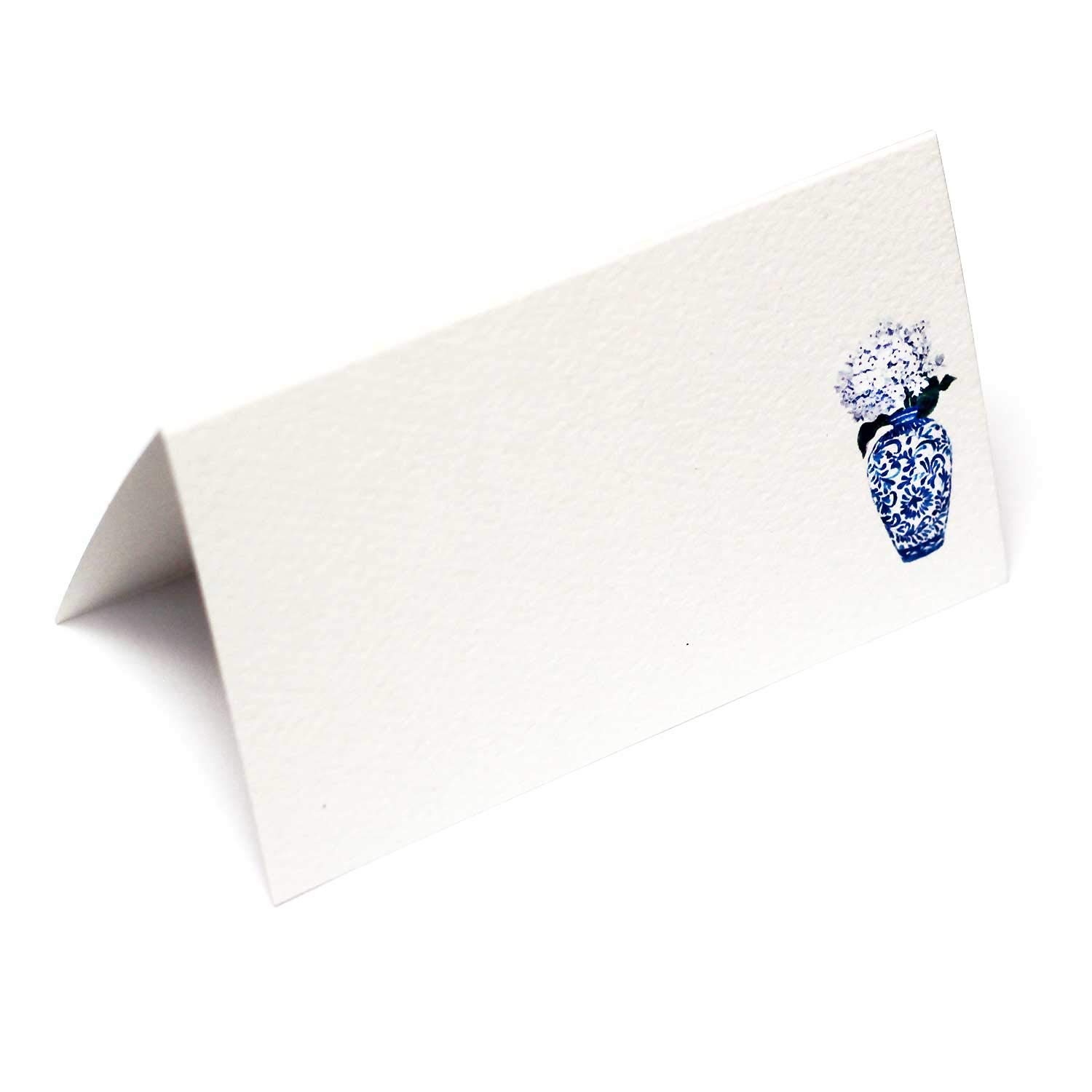 Nancy Nikko Place Cards with Blue and White Ginger jar with White Flowers. Table Tent Style, Scored for Easy Folding. Available in Pkgs of 12/25 / 50 (25)