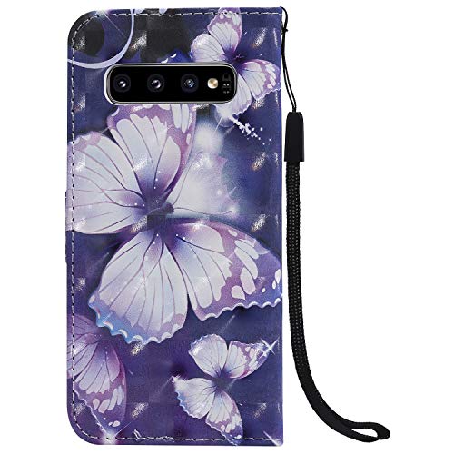 Funyye Magnetic Flip Case for Samsung Galaxy S10,Elegant 3D Purple Butterfly Fantasy Painted Design Folio Wallet Pocket with Stand Credit Card Holder Slots Soft Silicone Leather Case for Samsung S10