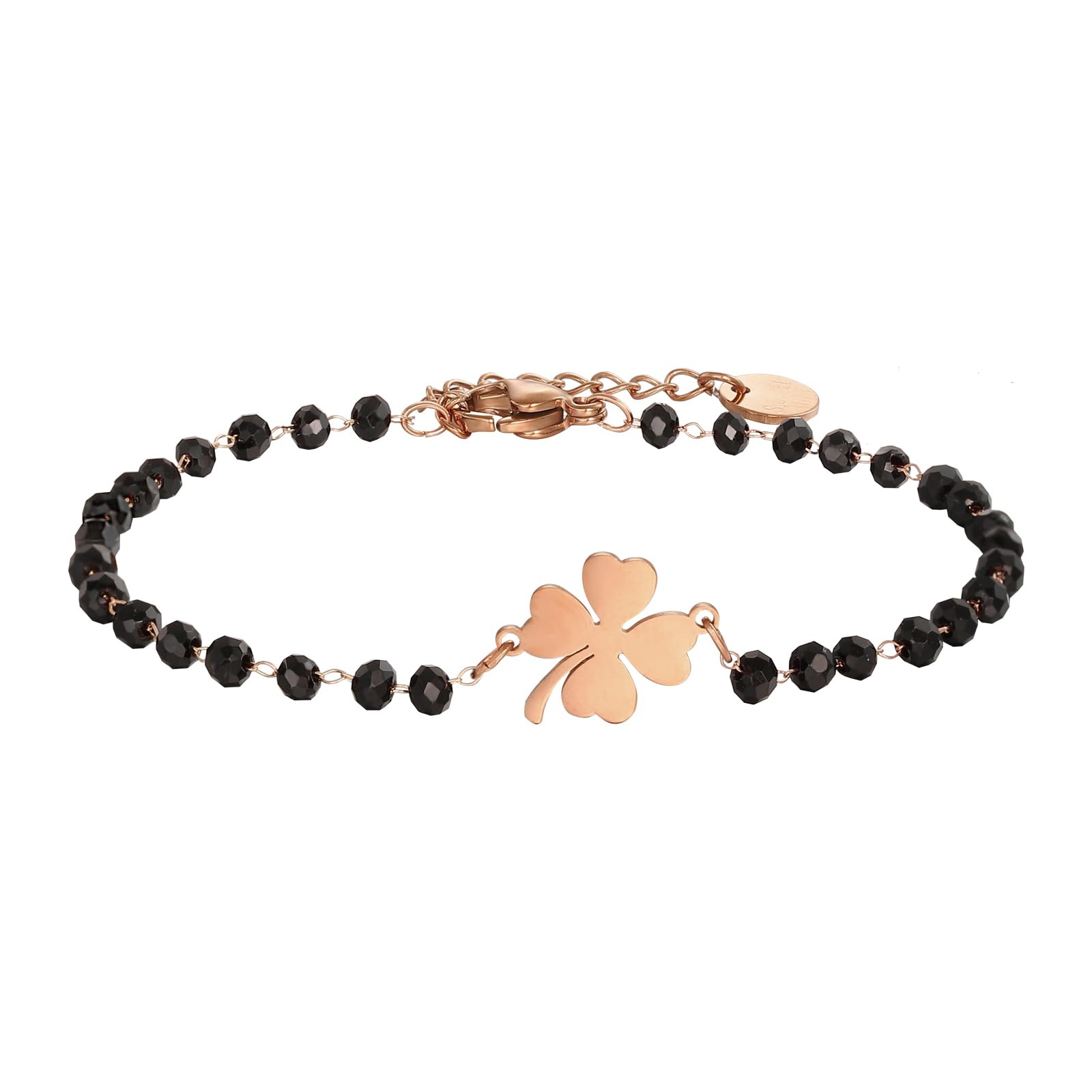 PengJin Lucky four leaf clover charm bracelet, stainless steel, with black beads, simple lucky charm bracelet