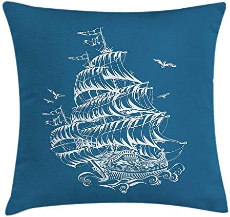 DANCENLI Blue and White Throw Pillow Cushion Cover, Artistic Sketch of a Frigate Antique Sailing Ship on Waves Flying Birds, Decorative Square Accent Pillow Case, 18 X 18 inches, Blue and White