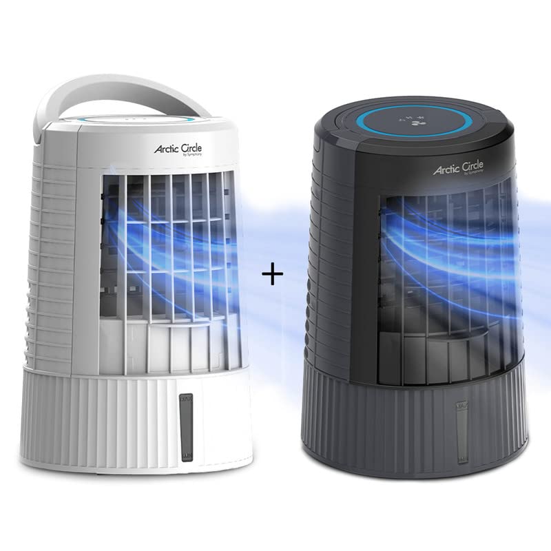 Symphony Duet Mini Personal Air Cooler | Quite | Powerful | USB Powered | 3-Speed Portable Evaporative Air Cooler for Bedroom, Office, Living-room- (Pack of 2- White & Grey)