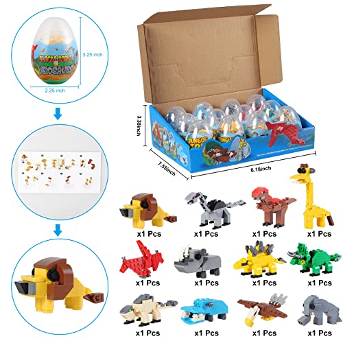 12 Pcs Pre Filled Easter Eggs with Jungle Animals Dinosaurs Building Blocks, 3.25\