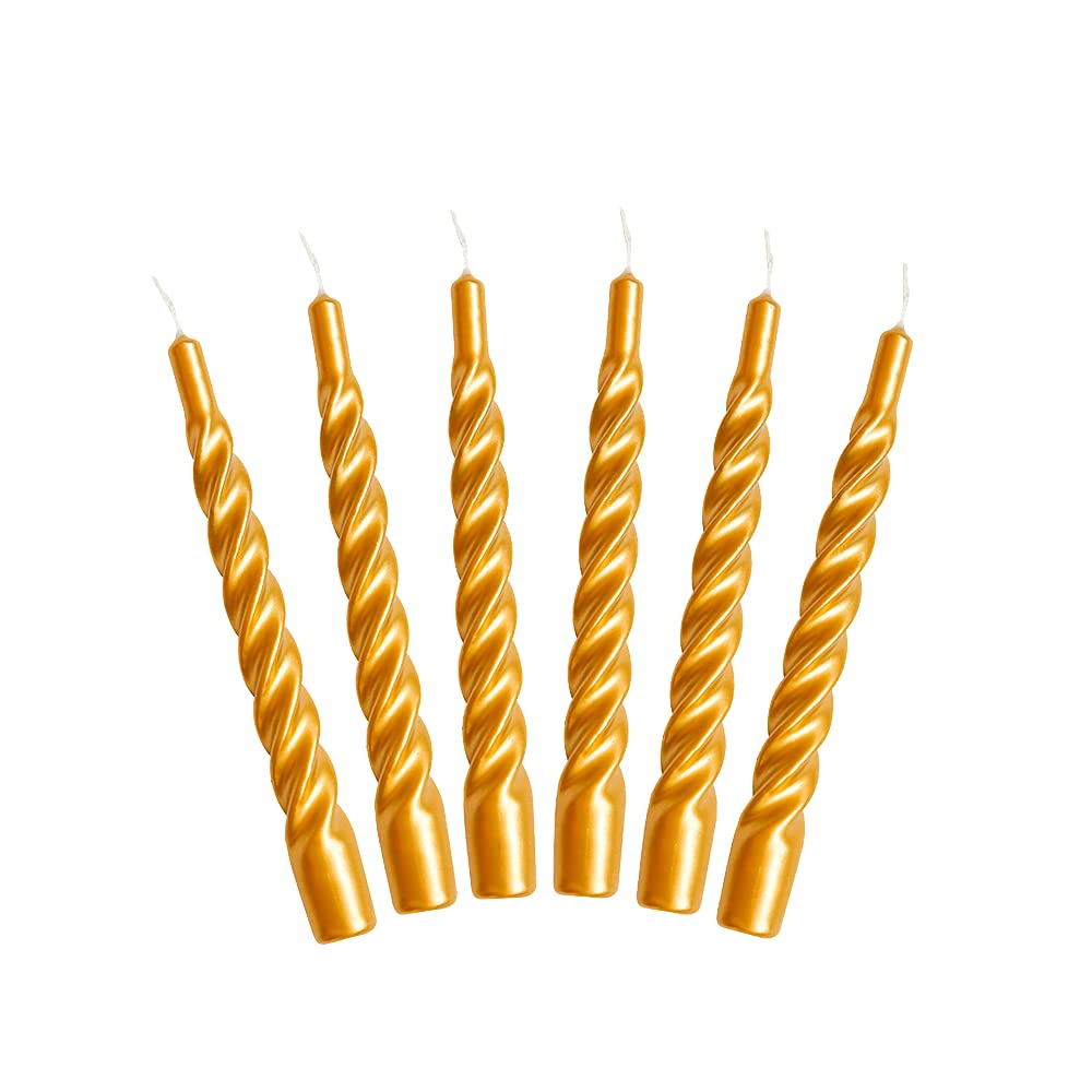 Candles with a Twist®, Made in Italy, 25 Colours Available, Dinner Candles, Twisted Candles Long Burning 5 Hours, Tapered Candles, Lacquered, Unscented Candle Gift Set, 6 pcs. 2.2 x 21cm (Gold)