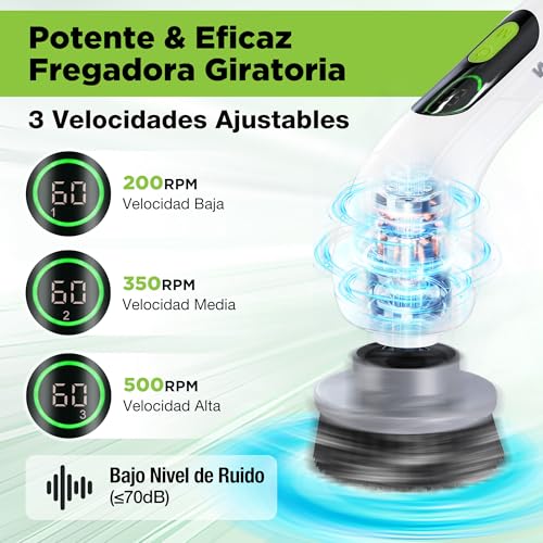 WORKPRO 8V Electric Cleaning Brush with 8 Heads Telescopic Handle | Adjustable handle of 30-120 cm and three speeds for cleaning floors, bathrooms, kitchens and hard-to-reach areas