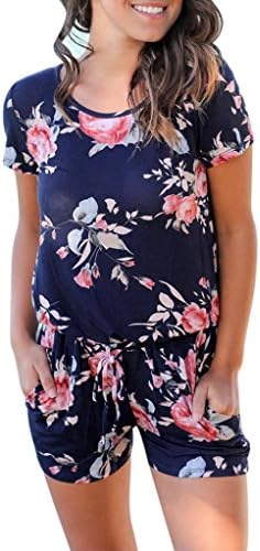 Nikuya Women Floral Print Short Sleeve Jumpsuit Summer Playsuit Beach Rompers (M)