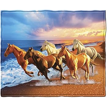 Dawhud Direct Horses on The Beach Fleece Throw Blanket