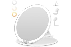 Auxmir Foldable Travel Makeup Mirror with 3 Dimmable Color Lights, USB Rechargeable Lighted Vanity Mirror with Touch Screen, Compact & Portable Ultrathin Desk Beauty Mirror for Travel Daily Business