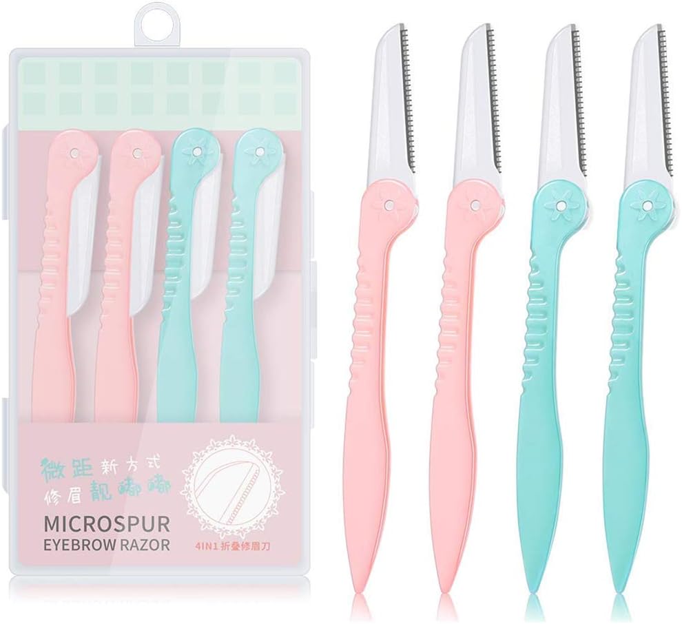 4 Pcs Foldable Women Safety Eyebrow Razor Shavers, Facial Hair Trimmer Multipurpose Exfoliating Eyebrow Shapers with Box, Eyebrow Shaper Facial Razor for Women/Men