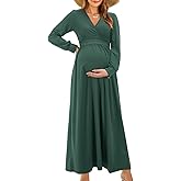 OUGES Fall Maternity Maxi Dress Long Sleeve Wrap V Neck Baby Shower Pregnancy Dresses for Photoshoot Maternity Clothes