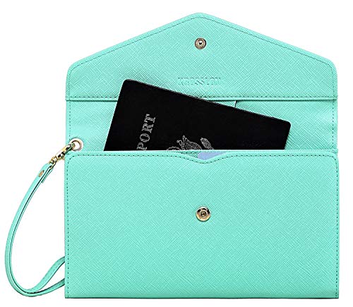 Krosslon Rfid Passport Holder Wristlet Travel Wallet Trifold Documents Organizer Slim Purse, Fit US UK CA Passport Cover Traveling Accessories for Women, Mint Green(206#)