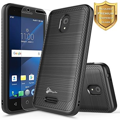 Alcatel IdealXCITE Case, Alcatel Raven LTE (A574BL), Alcatel CameoX/Alcatel Verso / U50 Case with [Tempered Glass Screen Protector], NageBee [Carbon Fiber Brushed] Dual Layer Hybrid Case -Black