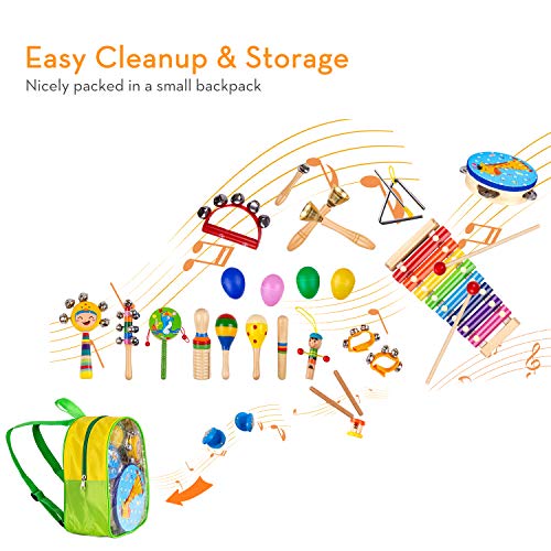 Kids Percussion Musical Instruments Toys - 26 Pcs 17 Types Wooden Instruments with Storage Bag Tambourine Xylophone Egg Maracas for Preschool Education Early Music - Thumbnail 3