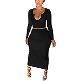 Women Sexy Two Piece Skirt Outfits Long Sleeve/Sleeveless V Neck Bodycon Ribbed Knitted Maxi Club Party Dress