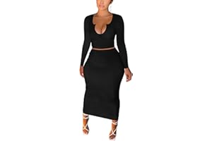 MOEENCN Women Sexy Two Piece Skirt Outfits Long Sleeve/Sleeveless V Neck Bodycon Ribbed Knitted Maxi Club Party Dress