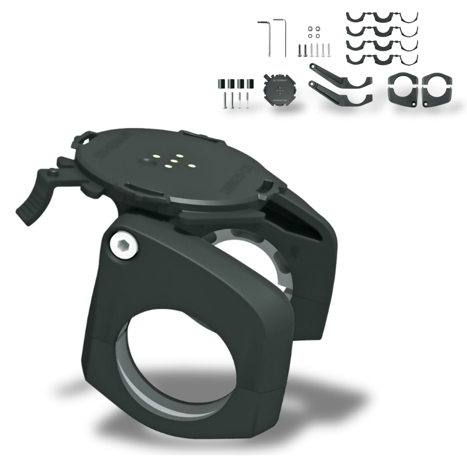 SKS GERMANY COMPIT [2nd Gen] angle-adjustable mobile phone holder for mounting on the handlebar (smartphone holder for bikes & e-bikes, handlebar clamp 22.2-35 mm, horizontal/vertical attachment)